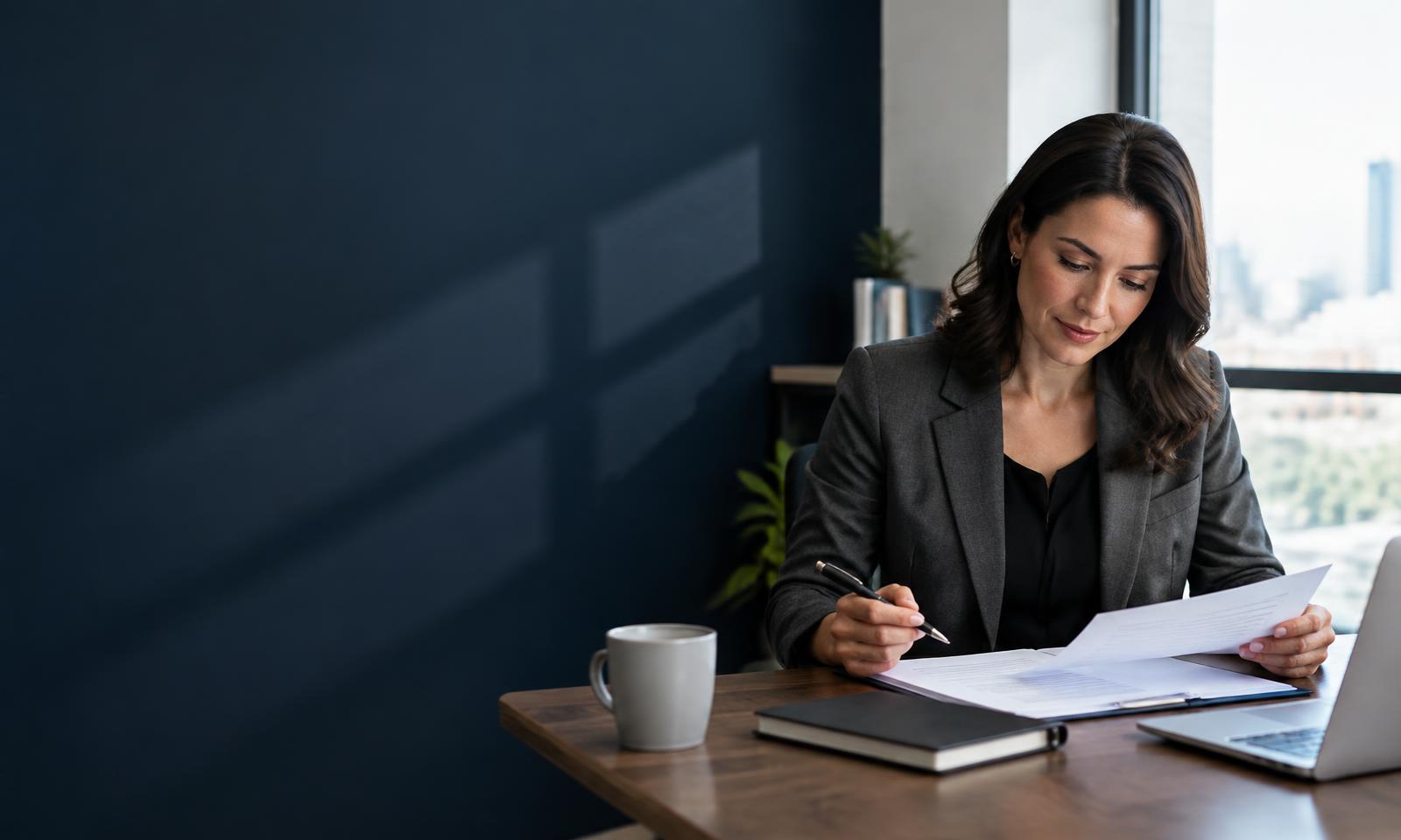 Professional consultant reviewing a client services agreement in her office